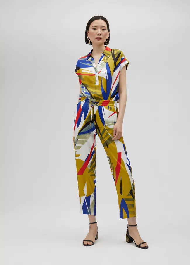 Tropical print satin joggers