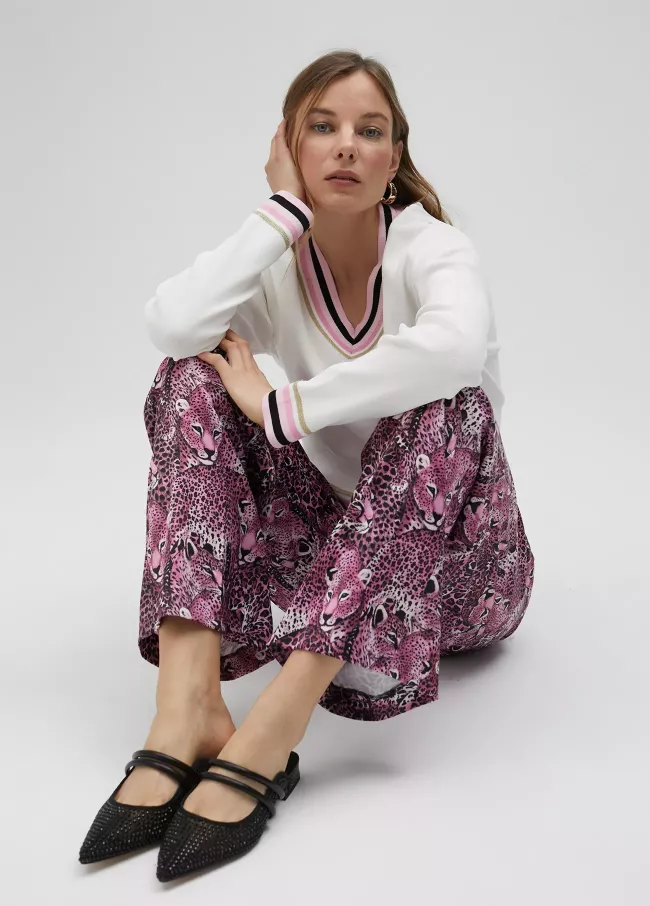 Pink animal print straight-leg trousers