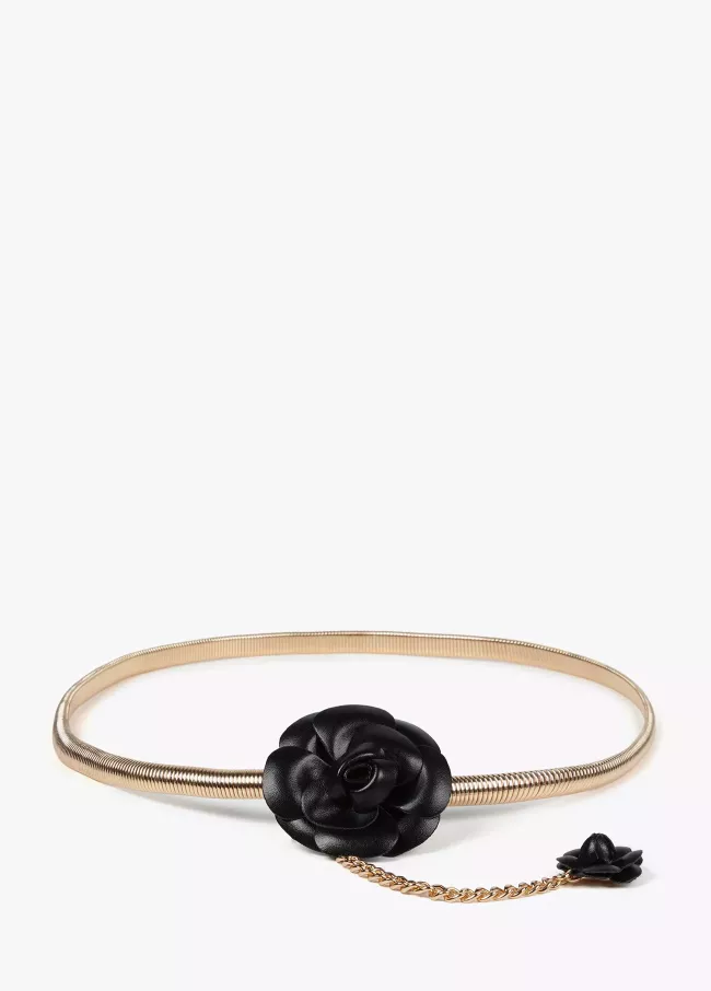 Stretch metal belt with faux leather flowers