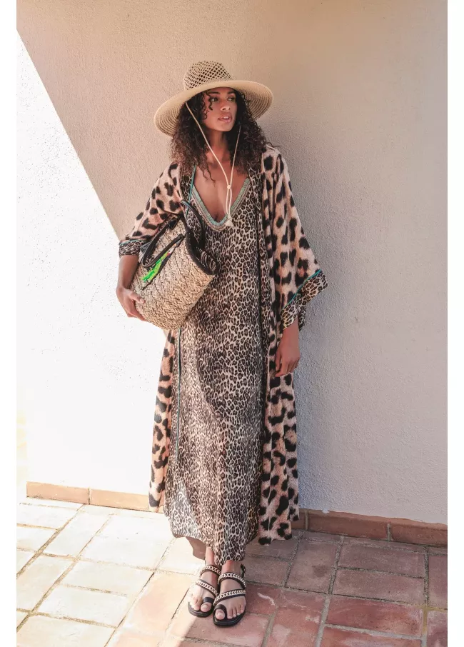 Kimono largo leopardo mini