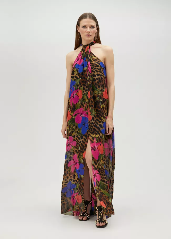 Vestido cuello halter y animal print