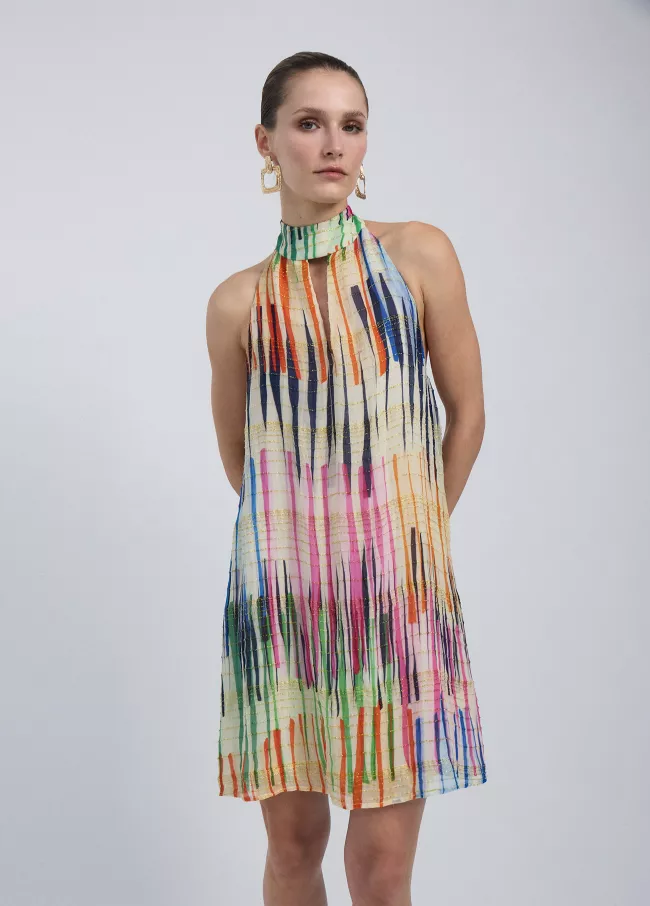 Short halter dress with multi-stripe print