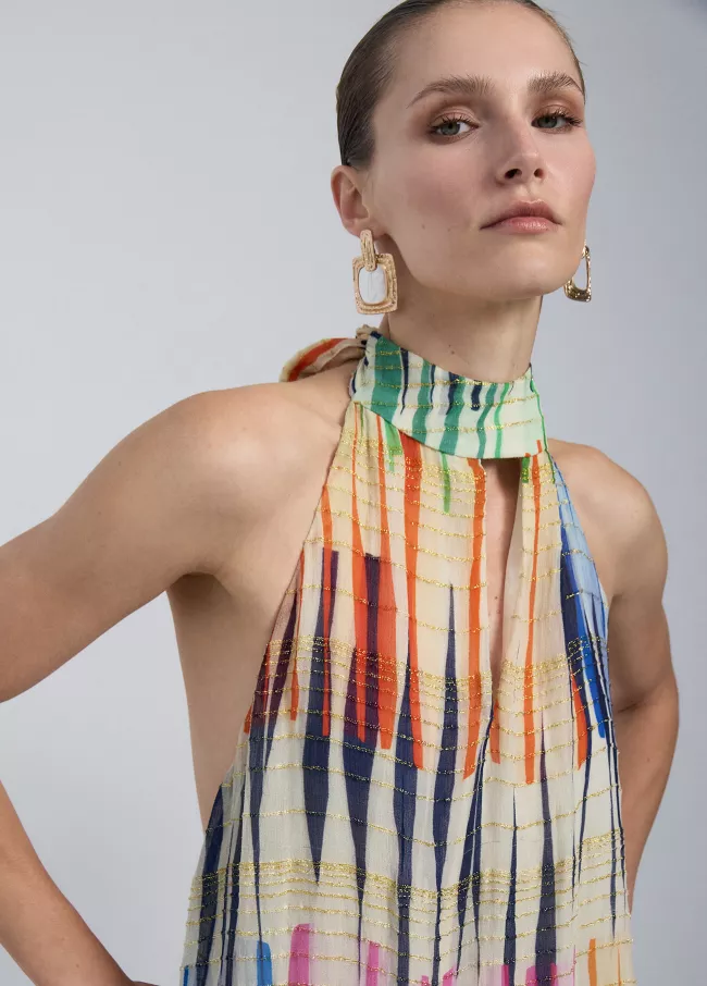 Short halter dress with multi-stripe print