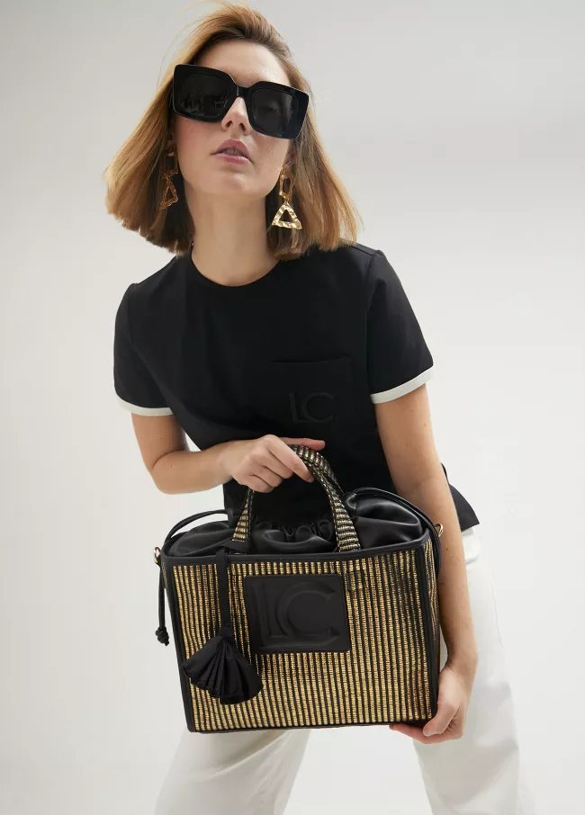 Small metallic raffia-effect tote bag