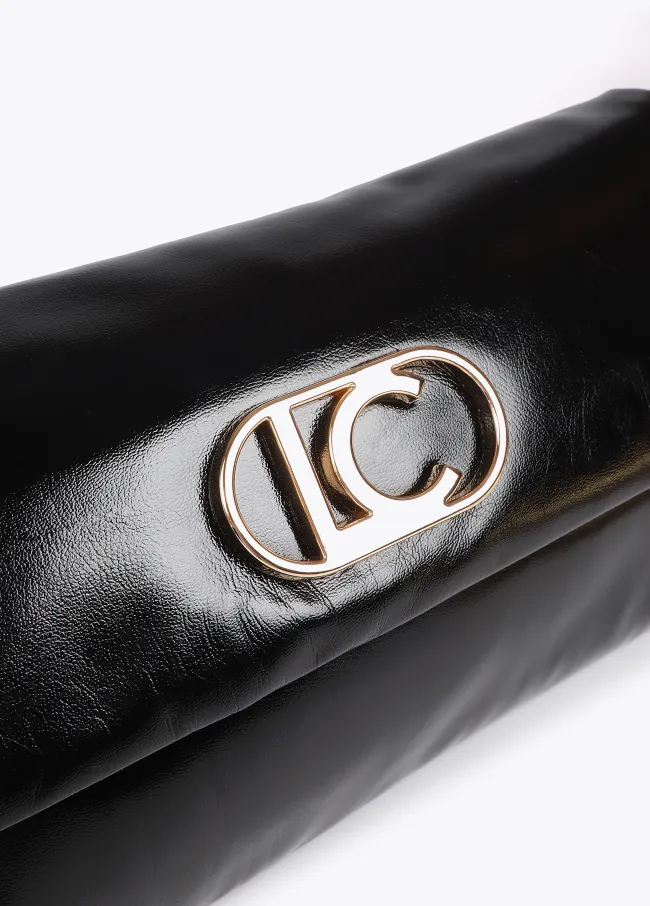 Quilted metallic faux leather clutch with oval...