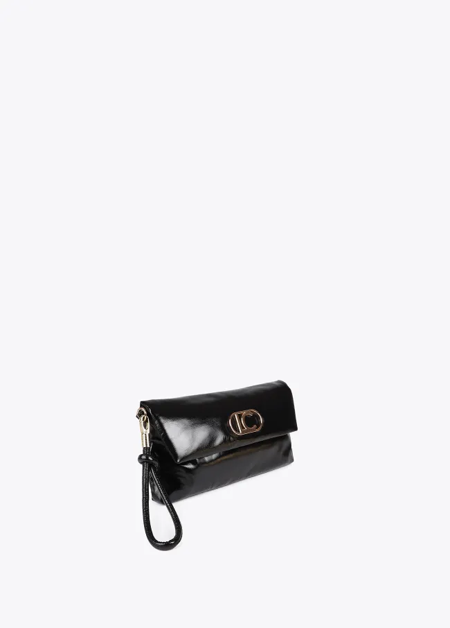 Quilted metallic faux leather clutch with oval...