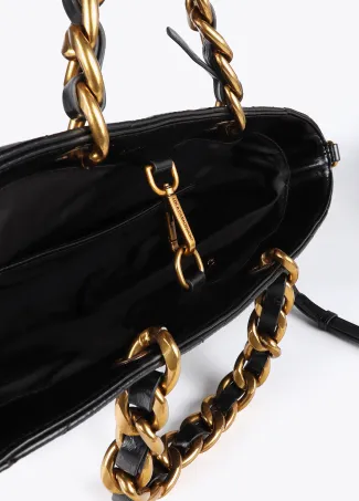 Quilted faux leather tote bag with chain strap and leopard LC