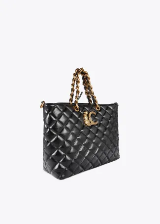 Quilted faux leather tote bag with chain strap and leopard LC