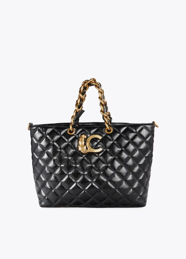 Quilted faux leather tote bag with chain strap...