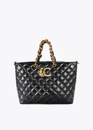 Quilted faux leather tote bag with chain strap and leopard LC