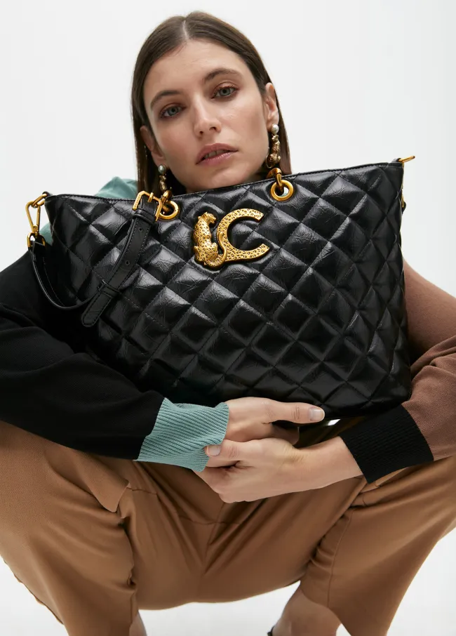 Quilted faux leather tote bag with chain strap...