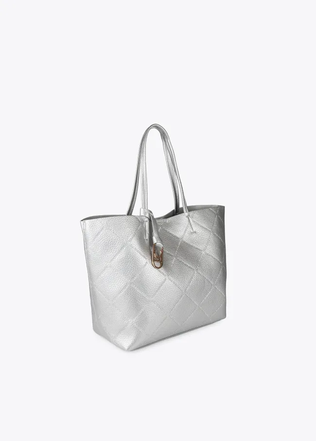 Faux leather tote bag with diamond logo monogram and oval pendant