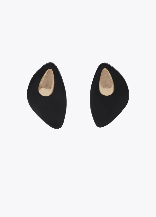 Large faux leather earrings with metal piece
