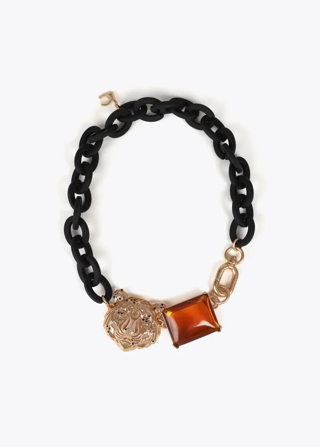 Short rubberised chain necklace with tiger and...