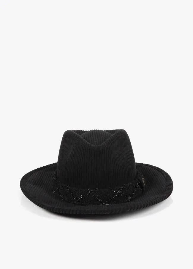 Corduroy fedora hat with leopard LC