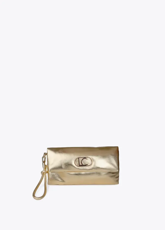 Quilted metallic faux leather clutch with oval...
