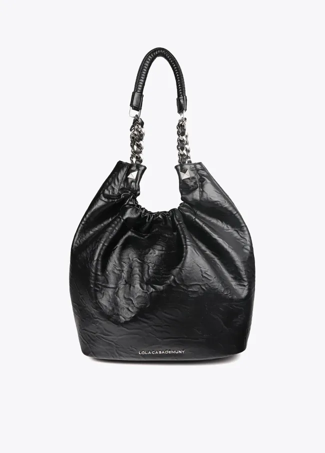 Faux leather wrinkled tote bag with metal...