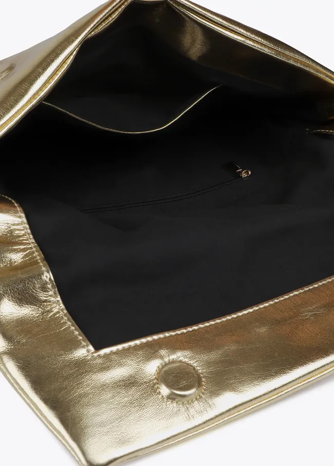 Quilted metallic faux leather clutch with oval...