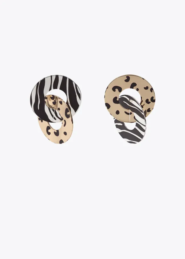 Double circle earrings with two-tone animal print