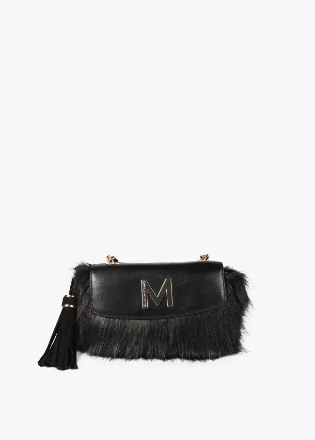 Faux fur crossbody bag with faux leather flap
