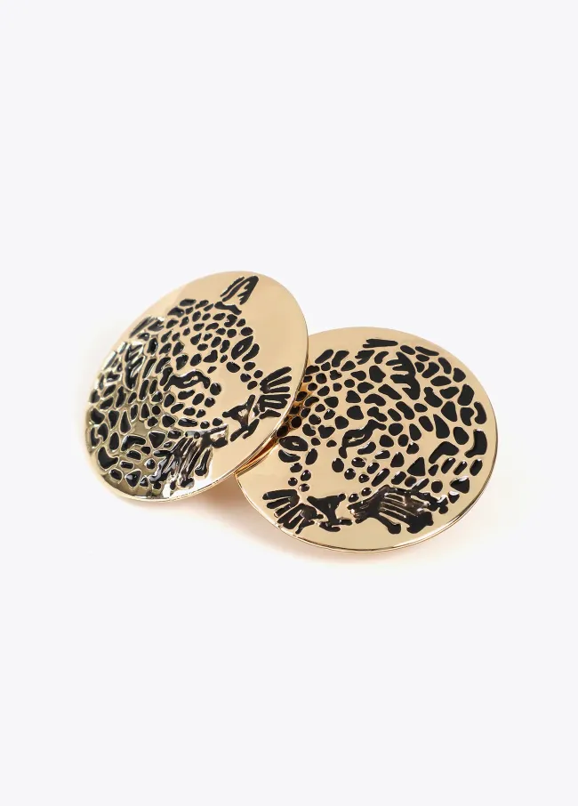 Button earrings with rhinestone tiger face