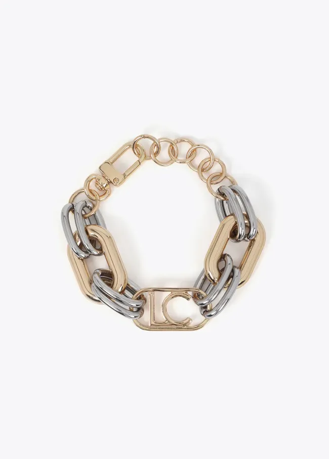 Two-tone chain link bracelet with oval logo