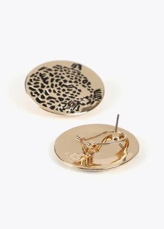 Button earrings with rhinestone tiger face