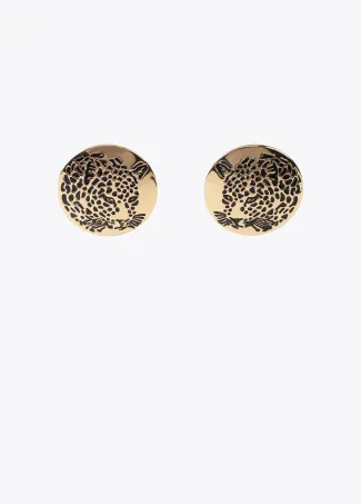 Button earrings with rhinestone tiger face