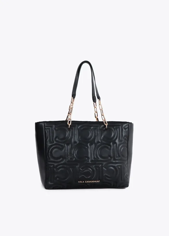 Quilted faux leather logo tote bag with mixed chain strap