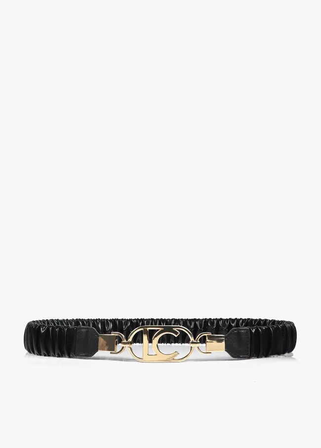 Stretch faux leather belt with oval logo
