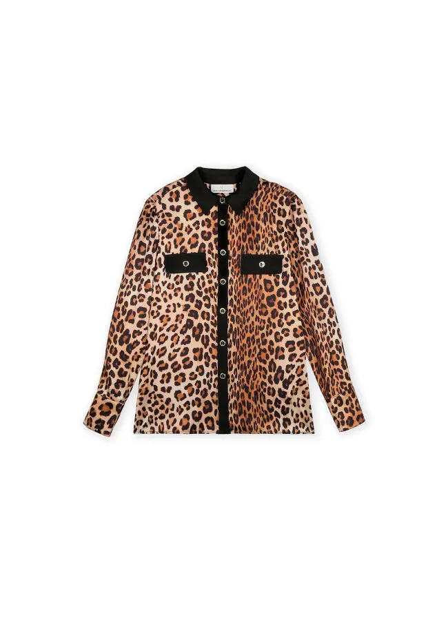 Animal print collared shirt with flap and...