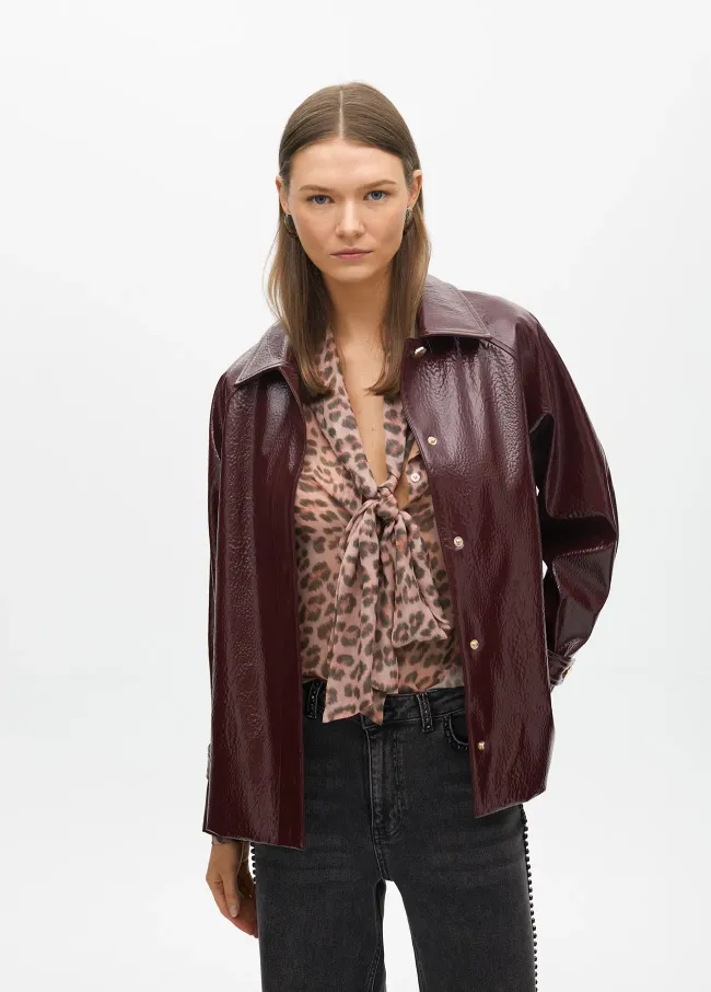 Straight fit faux patent leather jacket