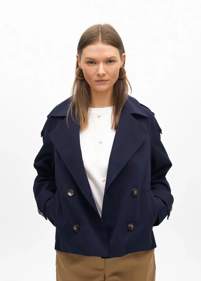 Short double-breasted twill trench coat