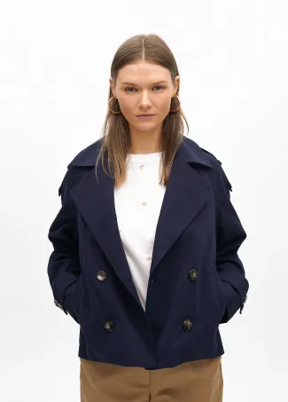 Short double-breasted twill trench coat