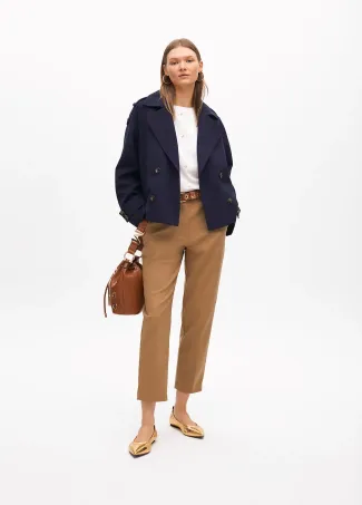 Short double-breasted twill trench coat