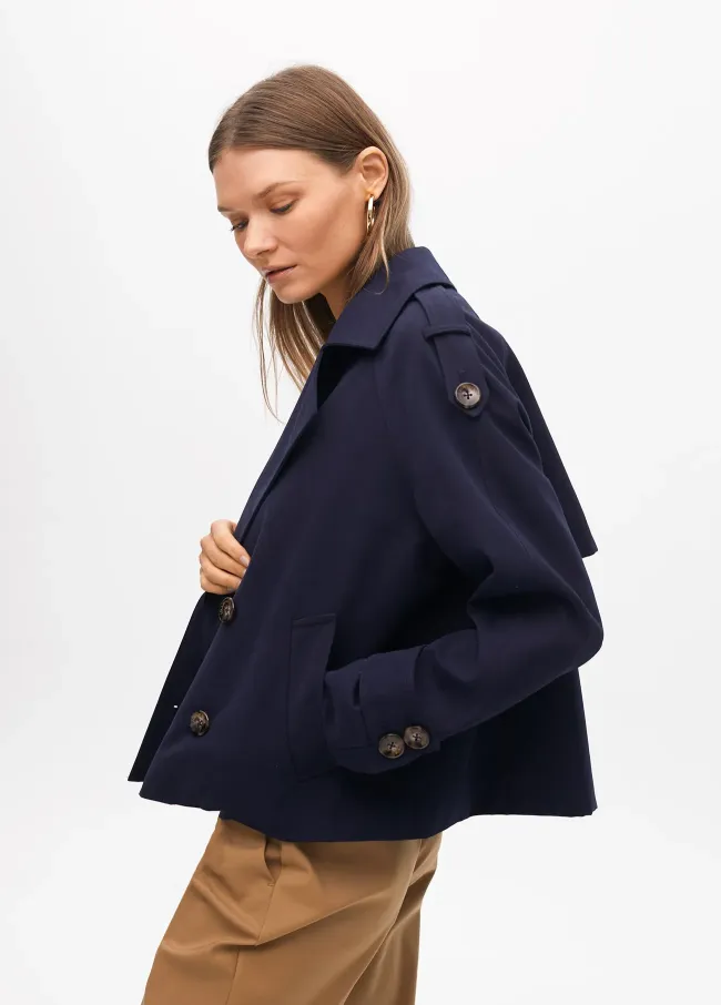 Short double-breasted twill trench coat