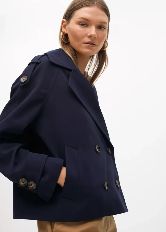 Short double-breasted twill trench coat