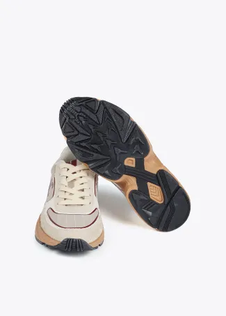 Trainers with running sole and combination of different fabrics and leather