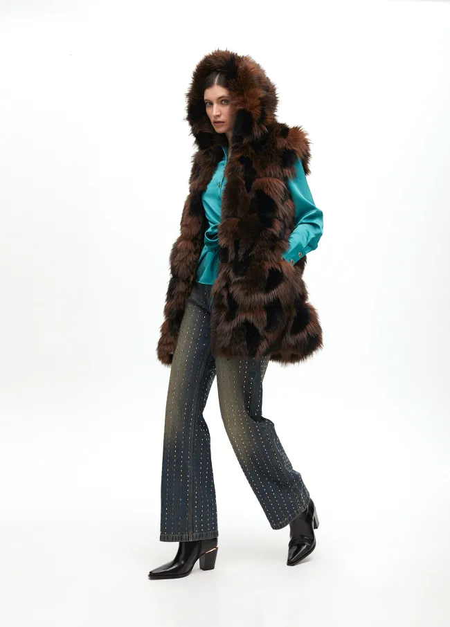 Long pile vest with interior print