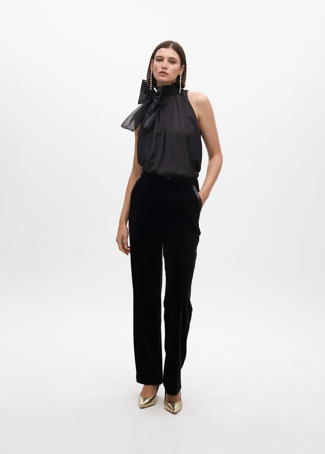 Straight fit velvet suit trousers with faux leather details