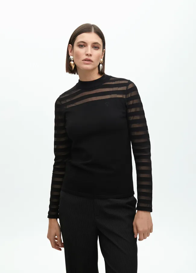 Fine knit sweater with transparent stripes