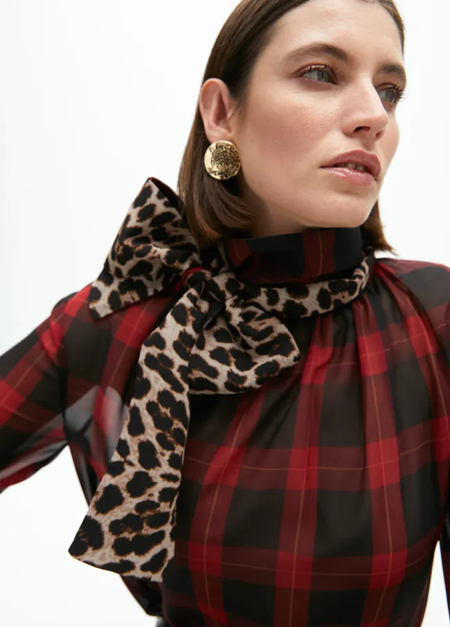 Shirt with tie and contrast tartan and animal...