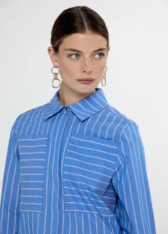 Straight striped poplin shirt with front pockets