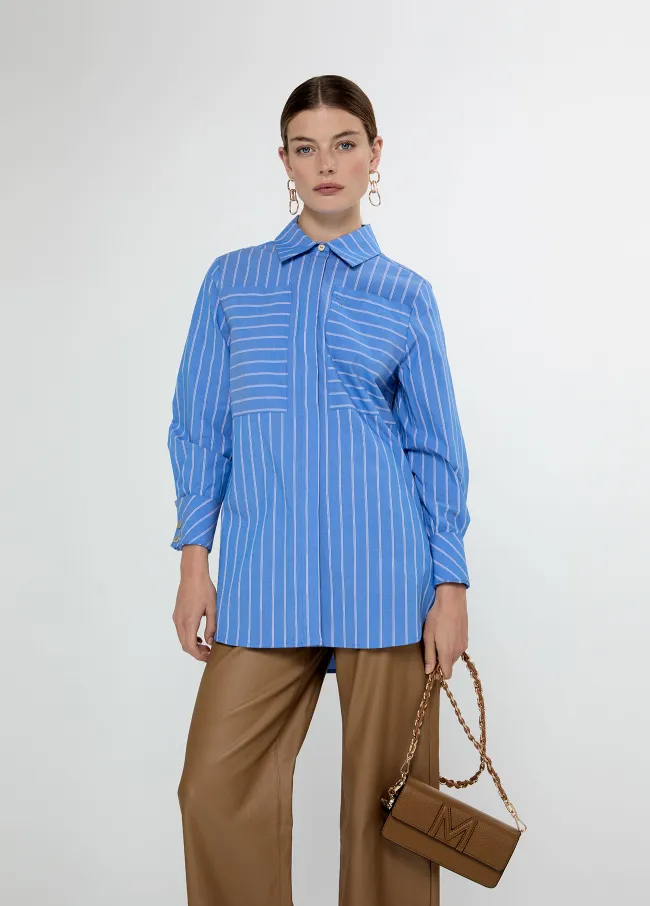 Straight striped poplin shirt with front pockets