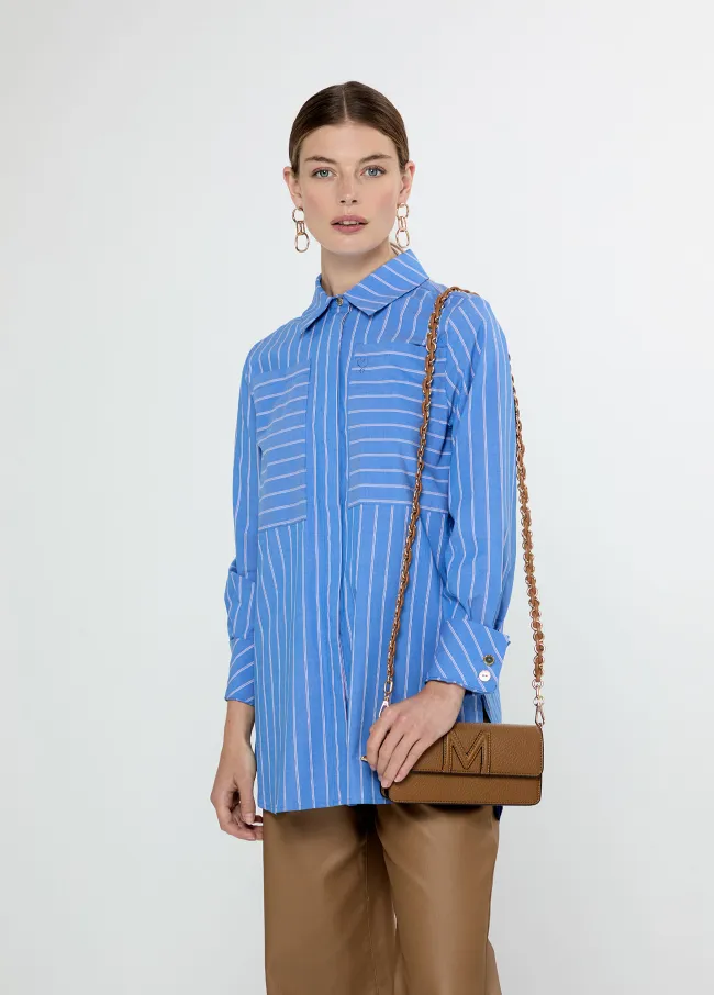 Straight striped poplin shirt with front pockets