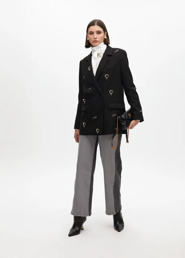 Double-breasted blazer with rhinestone embroidery