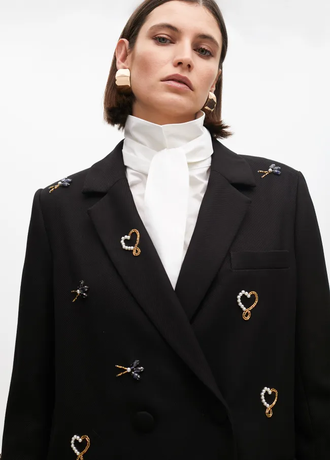 Double-breasted blazer with rhinestone embroidery