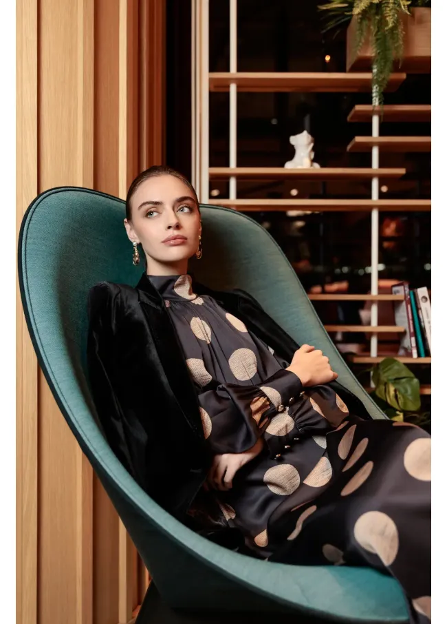 High neck polka dot puff dress