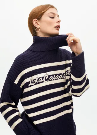 Chunky knit sweater with high neck and embroidered logo