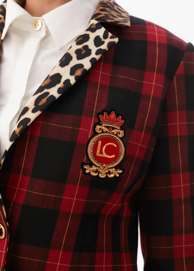 Contrast tartan and animal print blazer